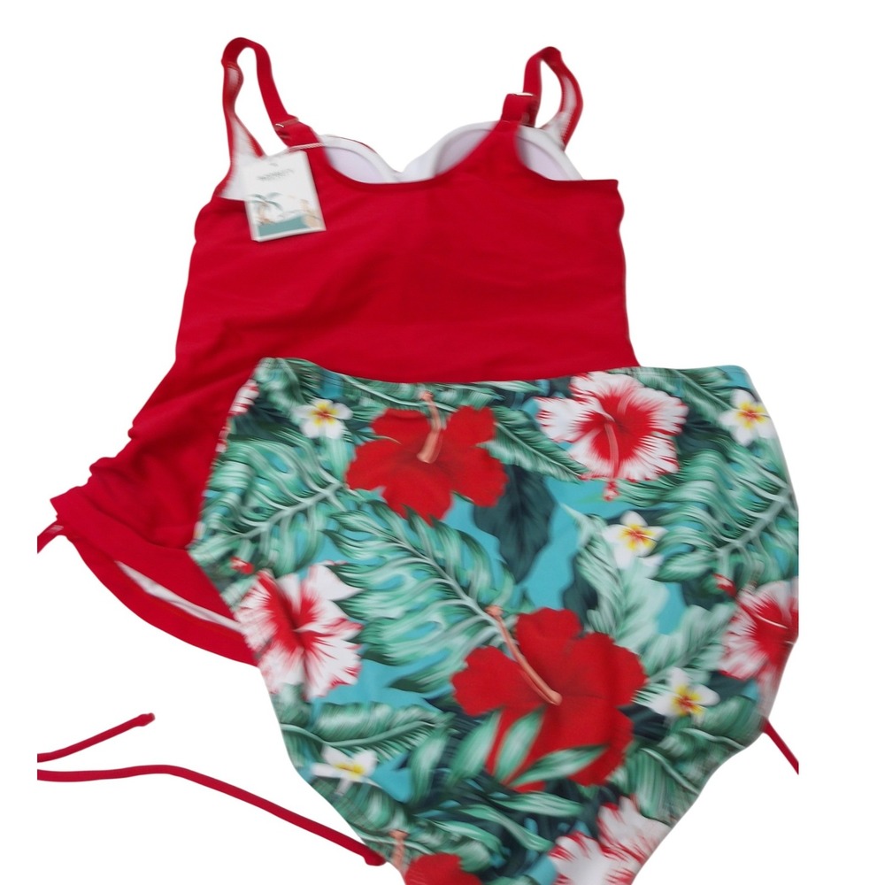 Tropical Floral Bikini Set Red Green White‎ Two Piece Tankini XL /#26543 - Picture 3 of 7